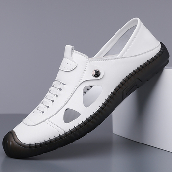 2025 Letné nové pánske ležérne topánky nazúvacie biele topánky s dierovačom, ležérne kožené topánky s dutými koženými sandálami