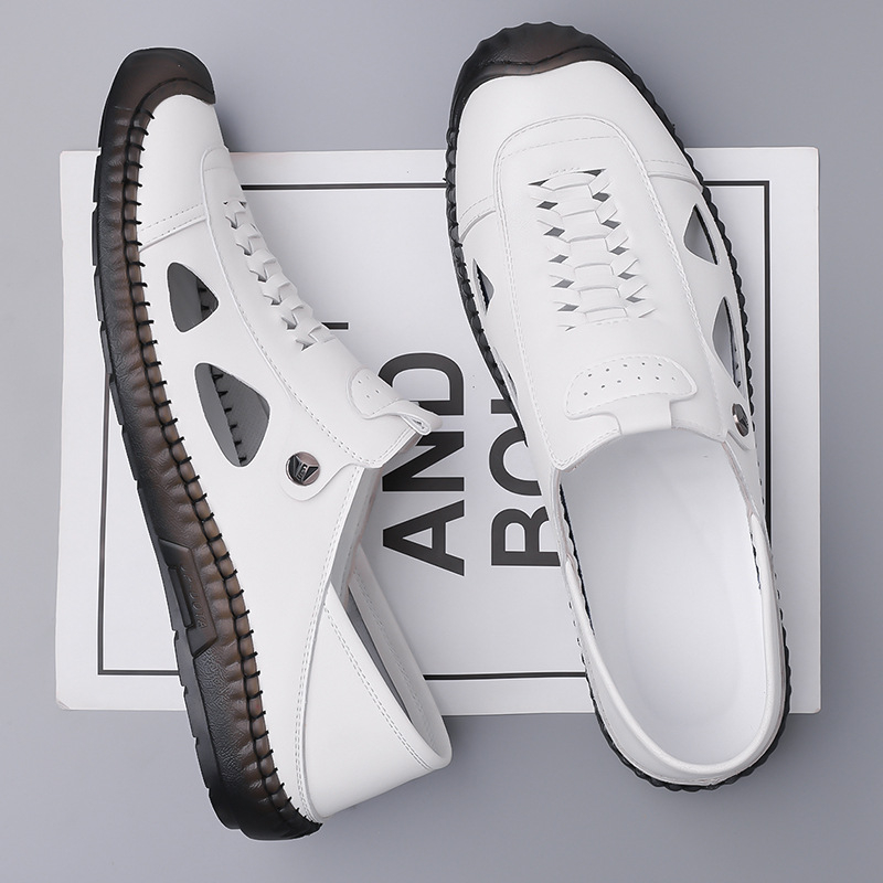 2025 Letné nové pánske ležérne topánky nazúvacie biele topánky s dierovačom, ležérne kožené topánky s dutými koženými sandálami