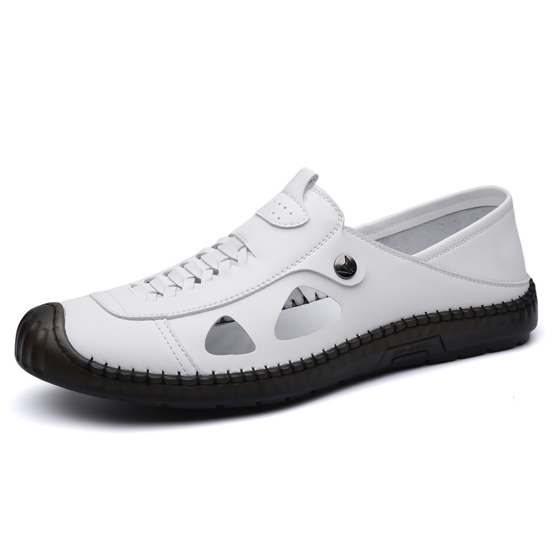 2025 Letné nové pánske ležérne topánky nazúvacie biele topánky s dierovačom, ležérne kožené topánky s dutými koženými sandálami