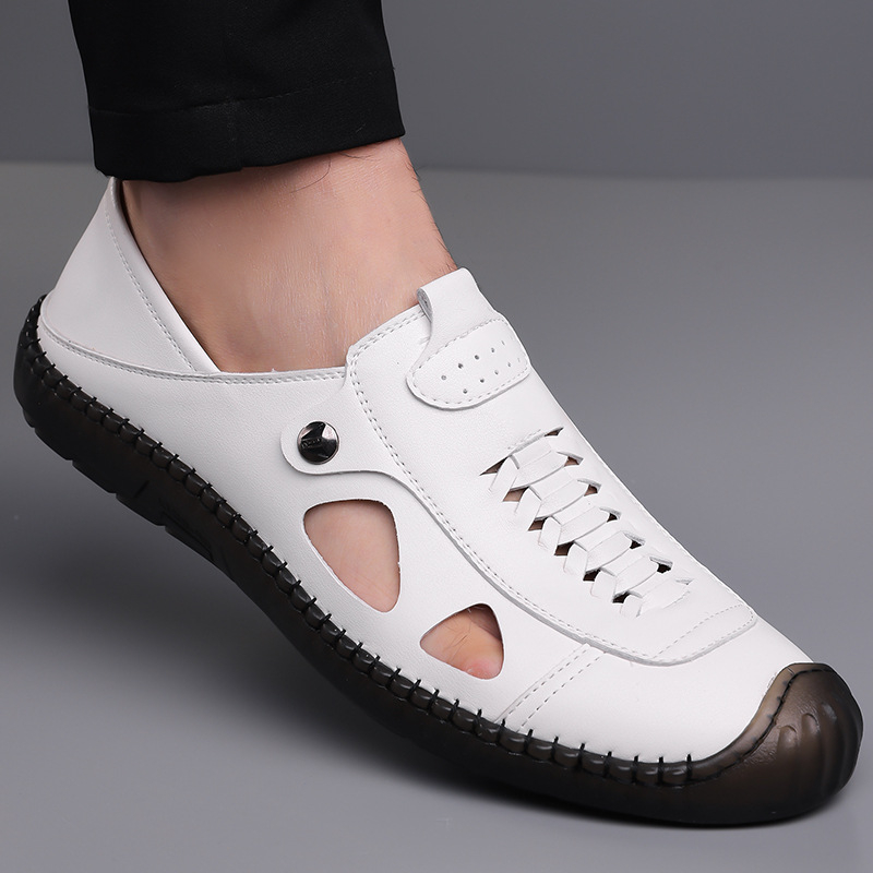 2025 Letné nové pánske ležérne topánky nazúvacie biele topánky s dierovačom, ležérne kožené topánky s dutými koženými sandálami