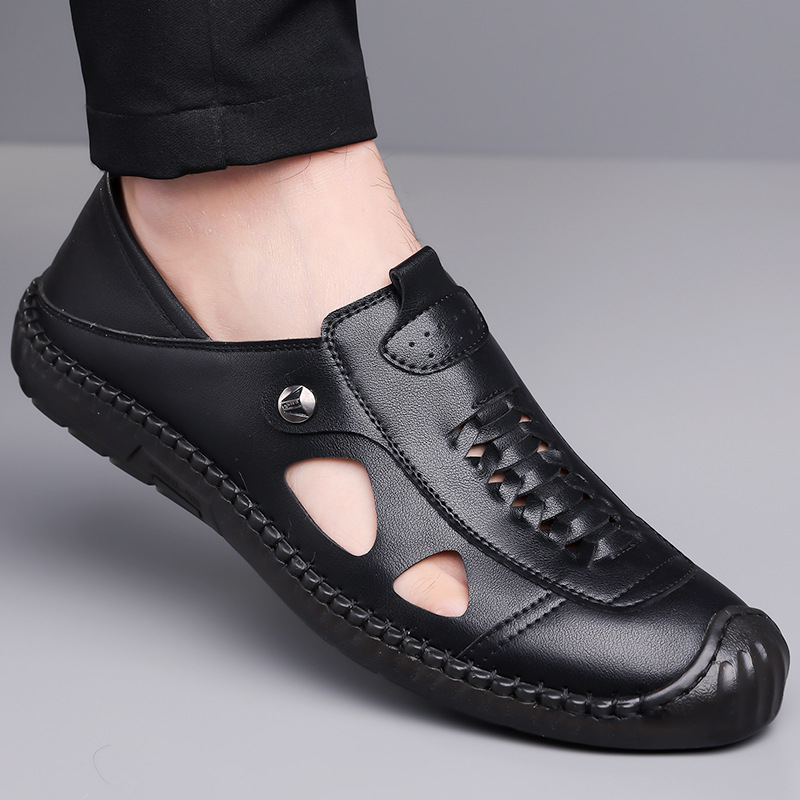 2025 Letné nové pánske ležérne topánky nazúvacie biele topánky s dierovačom, ležérne kožené topánky s dutými koženými sandálami