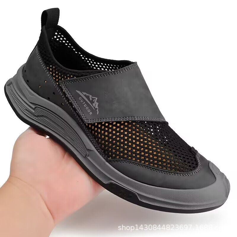 Pánske letné topánky, priedušné cestovné topánky, nové duté sieťované pánske ležérne outdoorové športové topánky so suchým zipsom, personalizované trendy topánky