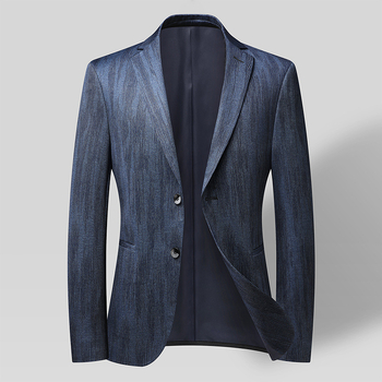 Мъжки костюм с плосък костюм с яка тип „барж“ 2024, пролетно-есенен, нов, мъжки, ежедневен, раиран, за млади и средна възраст