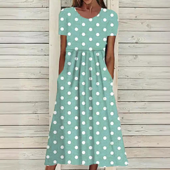 Dámske ležérne a elegantné letné a jesenné šaty s krátkym rukávom a okrúhlym výstrihom, potlačou a bodkami z roku 2023, bez rukávov a v páse, nezávislá stanica Wish