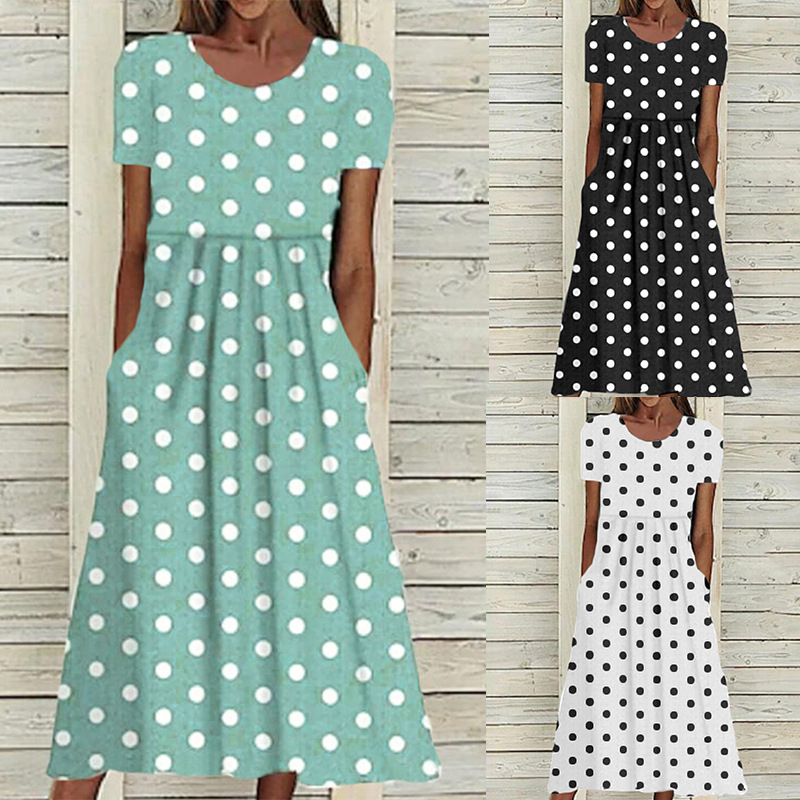 Dámske ležérne a elegantné letné a jesenné šaty s krátkym rukávom a okrúhlym výstrihom, potlačou a bodkami z roku 2023, bez rukávov a v páse, nezávislá stanica Wish