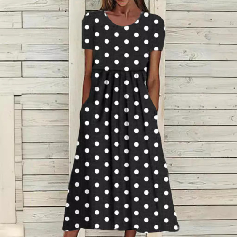 Dámske ležérne a elegantné letné a jesenné šaty s krátkym rukávom a okrúhlym výstrihom, potlačou a bodkami z roku 2023, bez rukávov a v páse, nezávislá stanica Wish