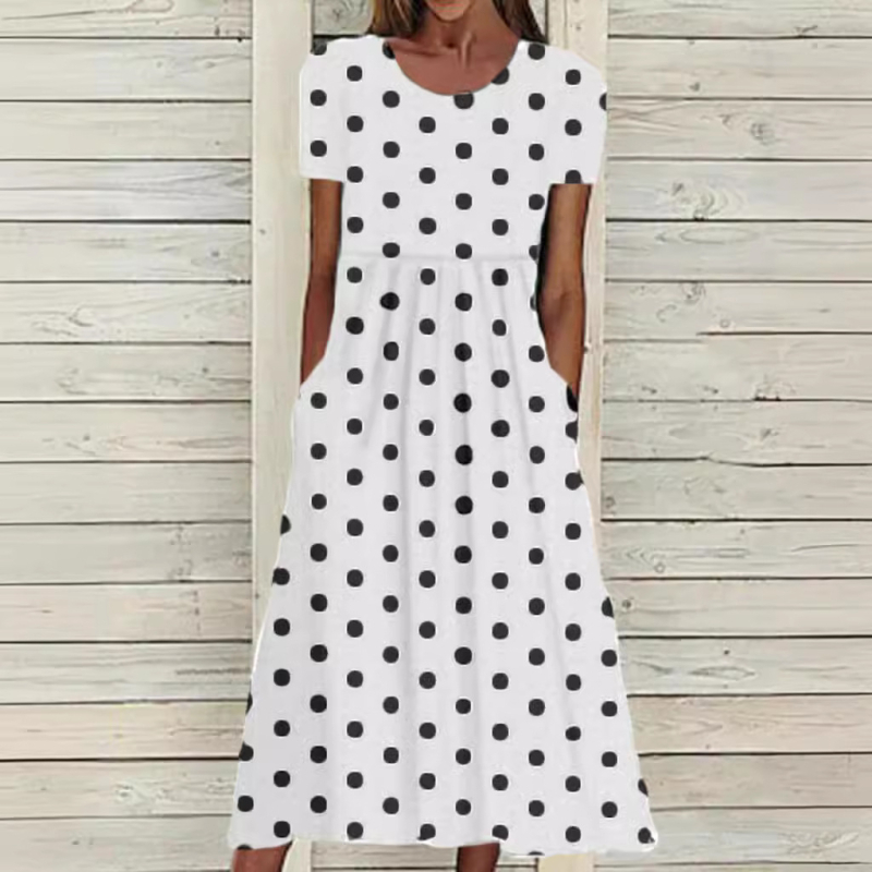 Dámske ležérne a elegantné letné a jesenné šaty s krátkym rukávom a okrúhlym výstrihom, potlačou a bodkami z roku 2023, bez rukávov a v páse, nezávislá stanica Wish