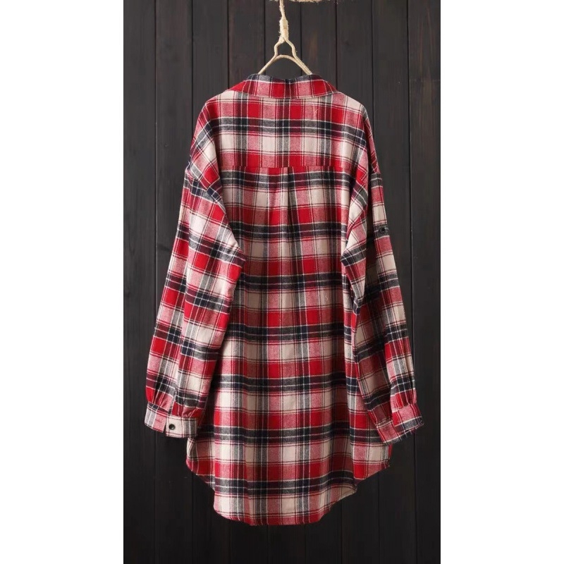 Karirana košulja za žene srednje duljine, široki, lijeni stil, proljeće 2024. u hongkonškom stilu, retro, univerzalni kaput