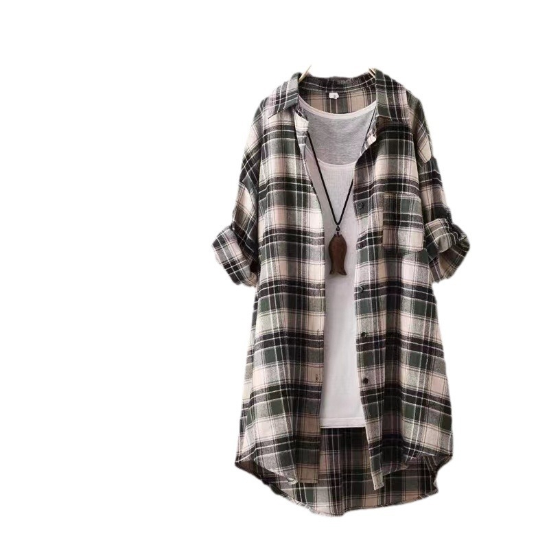 Karirana košulja za žene srednje duljine, široki, lijeni stil, proljeće 2024. u hongkonškom stilu, retro, univerzalni kaput