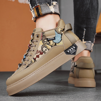 Four Seasons Επίπεδη Σόλα με Δερμάτινη Ραφή και Καμβά με Δαντέλα και Μπαλώματα, Μοντέρνα, Νέα Στυλ, Αθλητικά Ανδρικά Παπούτσια Slip-On