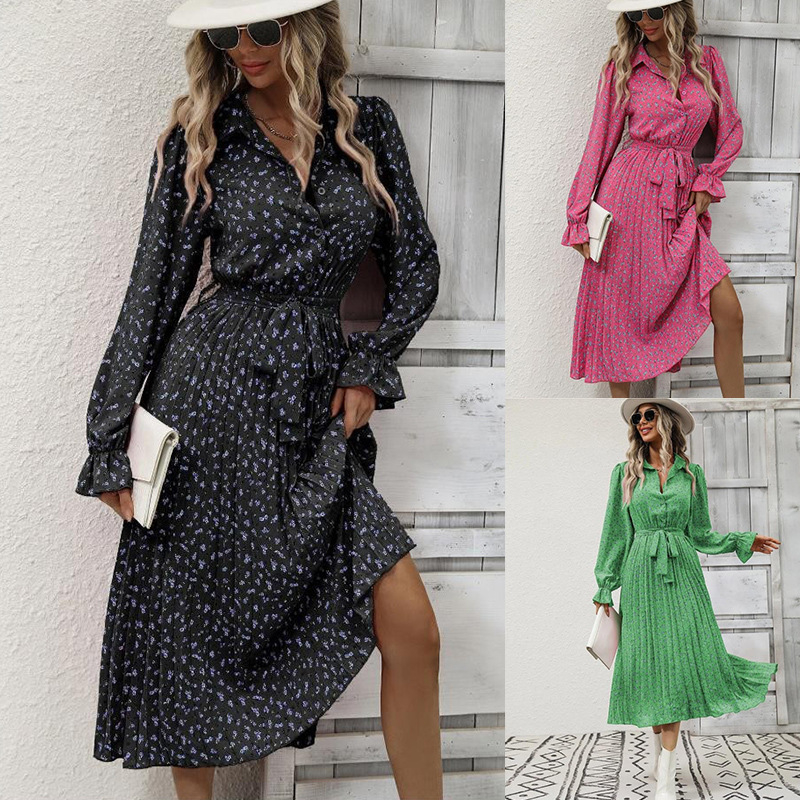 Cezhraničný export európskeho a amerického oblečenia Amazon 2024 Jesenné módne lisované šnurovacie šaty s dlhým rukávom