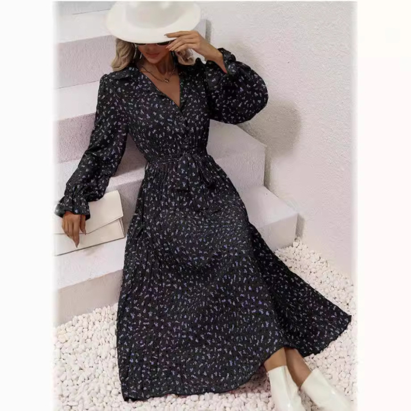 Cezhraničný export európskeho a amerického oblečenia Amazon 2024 Jesenné módne lisované šnurovacie šaty s dlhým rukávom