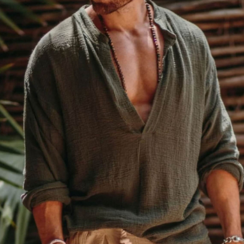 Ανδρικό λινό πουκάμισο Independent Station σε στυλ Viking, καλοκαιρινό, μακρυμάνικο, σε καθαρό χρώμα, με V ντεκολτέ, για εξωτερικούς χώρους, σε λεπτό στυλ