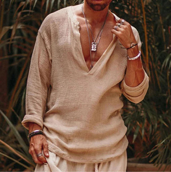 Ανδρικό λινό πουκάμισο Independent Station σε στυλ Viking, καλοκαιρινό, μακρυμάνικο, σε καθαρό χρώμα, με V ντεκολτέ, για εξωτερικούς χώρους, σε λεπτό στυλ