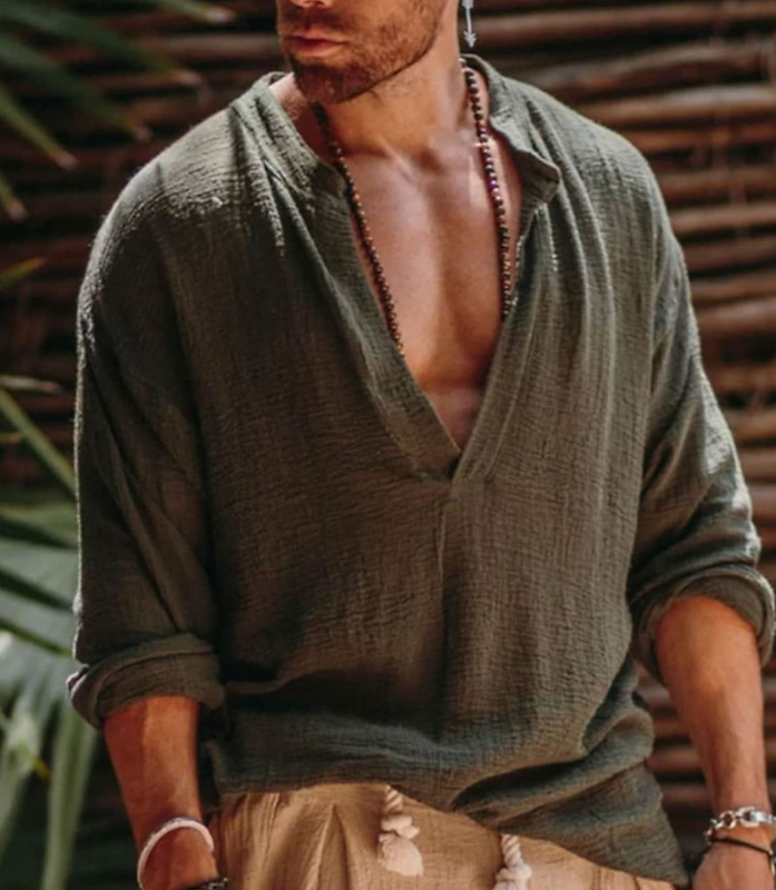 Muška lanena košulja Independent Station u vikinškom stilu, ljetna odjeća za plažu, dugih rukava, čiste boje, V-izrez, za vanjsku uličnu odjeću, tanki stil