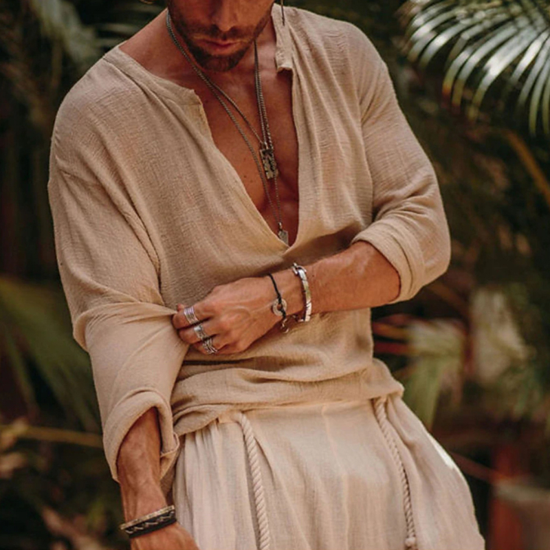 Muška lanena košulja Independent Station u vikinškom stilu, ljetna odjeća za plažu, dugih rukava, čiste boje, V-izrez, za vanjsku uličnu odjeću, tanki stil