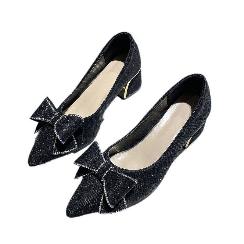 Dámske topánky na vysokom podpätku s mašľou a kamienkami, jednovrstvové, 2024, nové, francúzsky štýl, jarné a jesenné nazúvacie topánky, veľkosť 43wish