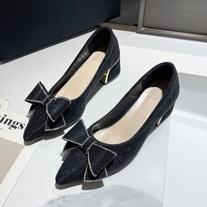 Dámske topánky na vysokom podpätku s mašľou a kamienkami, jednovrstvové, 2024, nové, francúzsky štýl, jarné a jesenné nazúvacie topánky, veľkosť 43wish