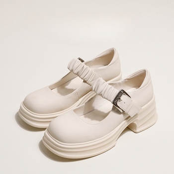 Γυναικεία λευκά παπούτσια Mary Jane με χοντρή σόλα, νέα γαλλικά δερμάτινα παπούτσια για την άνοιξη του 2025, με χοντρό τακούνι και ρηχά σανδάλια με αγκράφα και στρας.