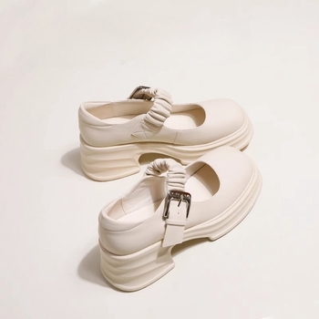 Γυναικεία λευκά παπούτσια Mary Jane με χοντρή σόλα, νέα γαλλικά δερμάτινα παπούτσια για την άνοιξη του 2025, με χοντρό τακούνι και ρηχά σανδάλια με αγκράφα και στρας.