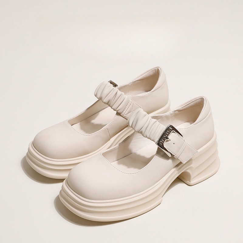 Bijele Mary Jane cipele s debelim potplatom, ženske proljetne nove francuske kožne cipele za 2025., sandale s debelom petom i plitkom kopčom od cirkona