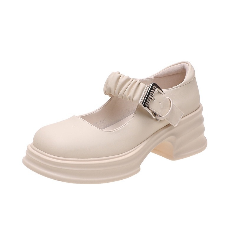 Bijele Mary Jane cipele s debelim potplatom, ženske proljetne nove francuske kožne cipele za 2025., sandale s debelom petom i plitkom kopčom od cirkona