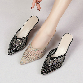 Γυναικείες Παντόφλες με Ψηλοτάκουνα, Νέα Γυναικεία Παπούτσια 2024, Καλοκαιρινές Κορεάτικες Παντόφλες με Μυτερές Δακτύλες, Γυναικεία Σανδάλια με Λεπτό Τακούνι και Διχτυωτό Τακούνι