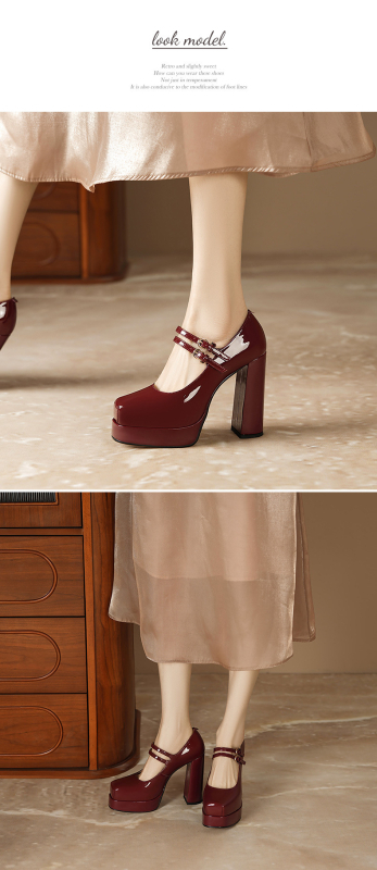 Dámske červené kožené topánky Mary Jane s hranatou špičkou a vysokým podpätkom, nové z roku 2024, s hrubým podpätkom, nepremokavou platformou a plytkými topánkami na päte