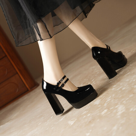 Dámske červené kožené topánky Mary Jane s hranatou špičkou a vysokým podpätkom, nové z roku 2024, s hrubým podpätkom, nepremokavou platformou a plytkými topánkami na päte