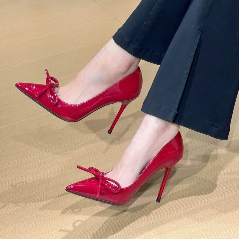 Dámske elegantné topánky na vysokých podpätkoch s mašľou vo francúzskom štýle, červené, špicaté, s plytkým podpätkom, 2025 na jar a jeseň