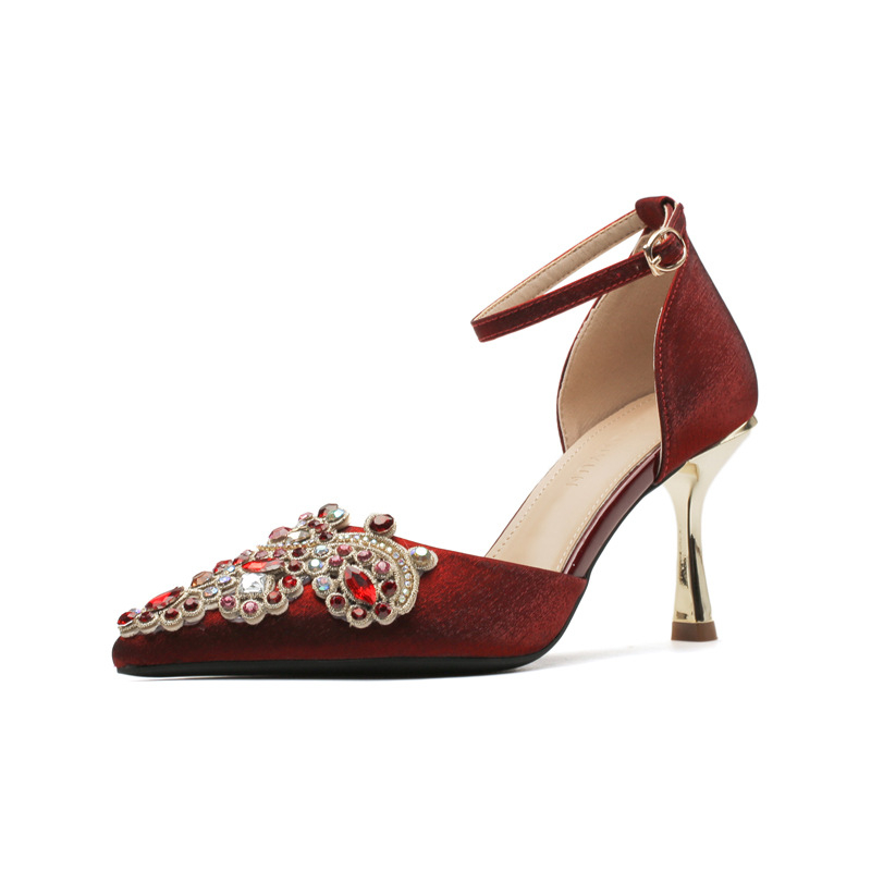 Jinqi CH8003-1 ženske cipele s zatvorenim prstima, šupljom petom, šiljaste, satenske, s jednim remenčićem, za proljeće i jesen 2024.