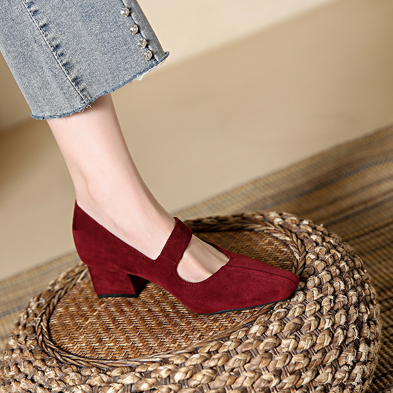 Francuska retro haljina u stilu antilopa, remen, cipele Mary Jane, jesenske nove jesenske cipele s četvrtastom glavom i profesionalnim visokim potpeticama