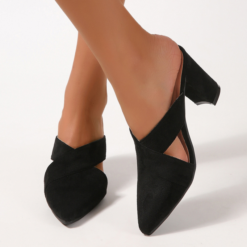 Baotou zadné prázdne sandále na hrubom podpätku dámske topánky 8 cm špicaté hlboké ústa bočné prázdne semišové polovičné ťahanie módne špicaté vysoké podpätky pre ženy