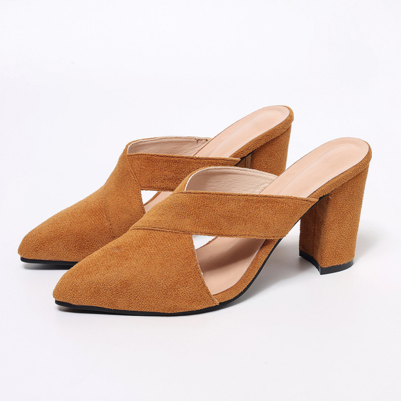 Baotou zadné prázdne sandále na hrubom podpätku dámske topánky 8 cm špicaté hlboké ústa bočné prázdne semišové polovičné ťahanie módne špicaté vysoké podpätky pre ženy