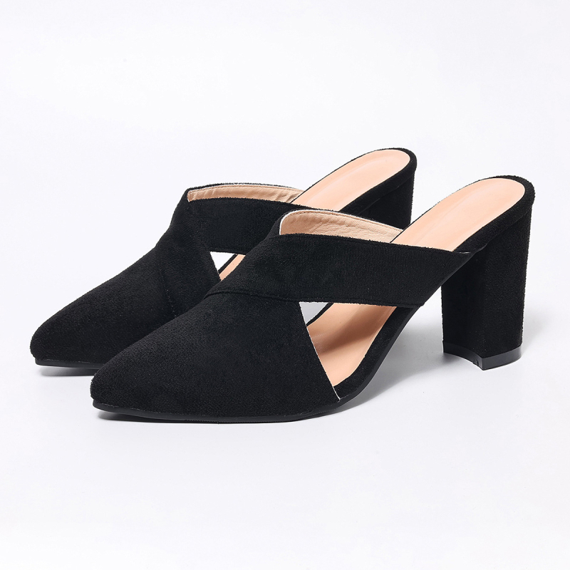 Baotou zadné prázdne sandále na hrubom podpätku dámske topánky 8 cm špicaté hlboké ústa bočné prázdne semišové polovičné ťahanie módne špicaté vysoké podpätky pre ženy