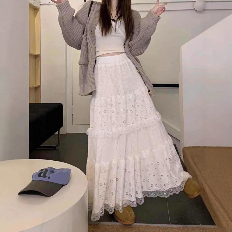 Baletné biele polodlhé šaty 2024 Jemné šaty s vysokým pásom v áčkovom strihu s čipkou a prešívaním, rozprávková torta, pre ženy