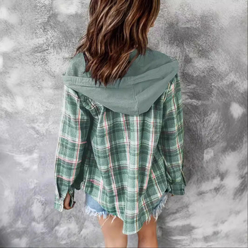 2024 трансгранична Европа и Съединените щати нови есенни и зимни дамски качулки с качулка, съответстващи на цветовете, едноредни, ежедневни карирани ризи