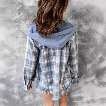 2024 трансгранична Европа и Съединените щати нови есенни и зимни дамски качулки с качулка, съответстващи на цветовете, едноредни, ежедневни карирани ризи