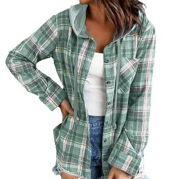 2024 трансгранична Европа и Съединените щати нови есенни и зимни дамски качулки с качулка, съответстващи на цветовете, едноредни, ежедневни карирани ризи