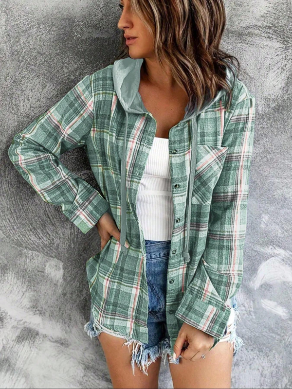 2024 cezhraničná Európa a Spojené štáty nové jesenné a zimné dámske kapucne farebne zladené jednoradové ležérne kockované košeľové kabáty