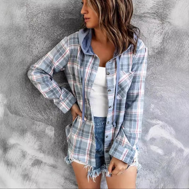 2024 cezhraničná Európa a Spojené štáty nové jesenné a zimné dámske kapucne farebne zladené jednoradové ležérne kockované košeľové kabáty