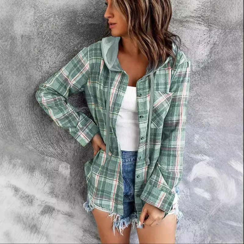 2024 cezhraničná Európa a Spojené štáty nové jesenné a zimné dámske kapucne farebne zladené jednoradové ležérne kockované košeľové kabáty