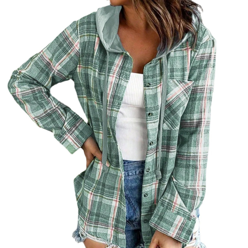 2024 cezhraničná Európa a Spojené štáty nové jesenné a zimné dámske kapucne farebne zladené jednoradové ležérne kockované košeľové kabáty