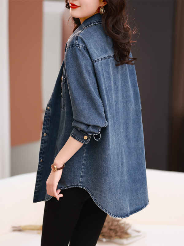 Džinsiniai marškiniai moterims, plius dydžio paltas, ankstyvą 2023 m. pavasarį, nauji europietiško stiliaus, vakarietiško stiliaus, viršutinio temperamento, liekninantys marškiniai.