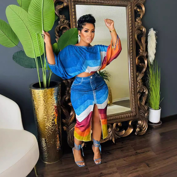 S10867 Σετ δύο τεμαχίων με ευρωπαϊκή και αμερικανική φούστα με στάμπα και γιακά, μανίκια νυχτερίδας, σετ δύο τεμαχίων