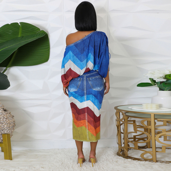 S10867 Σετ δύο τεμαχίων με ευρωπαϊκή και αμερικανική φούστα με στάμπα και γιακά, μανίκια νυχτερίδας, σετ δύο τεμαχίων