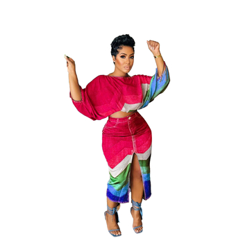 S10867 Σετ δύο τεμαχίων με ευρωπαϊκή και αμερικανική φούστα με στάμπα και γιακά, μανίκια νυχτερίδας, σετ δύο τεμαχίων