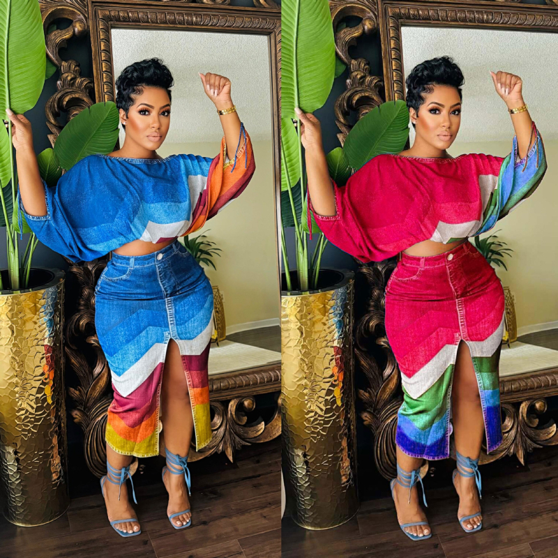 S10867 Dvodijelni komplet s europskim i američkim ovratnikom, printom, gornjim dijelom i suknjom s razdvojenim rukavima i šišmišem