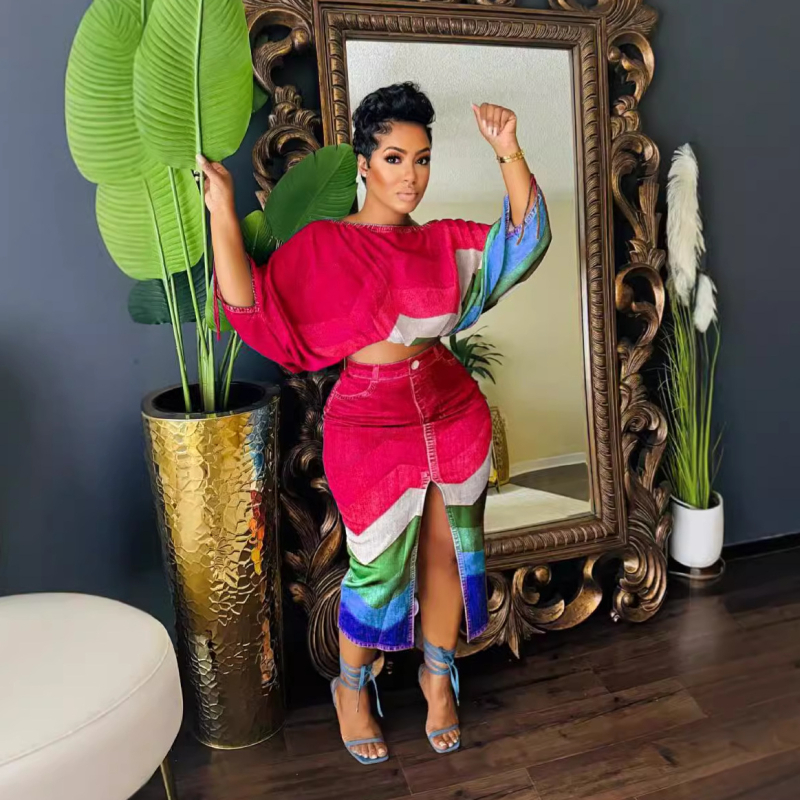 S10867 Dvodijelni komplet s europskim i američkim ovratnikom, printom, gornjim dijelom i suknjom s razdvojenim rukavima i šišmišem