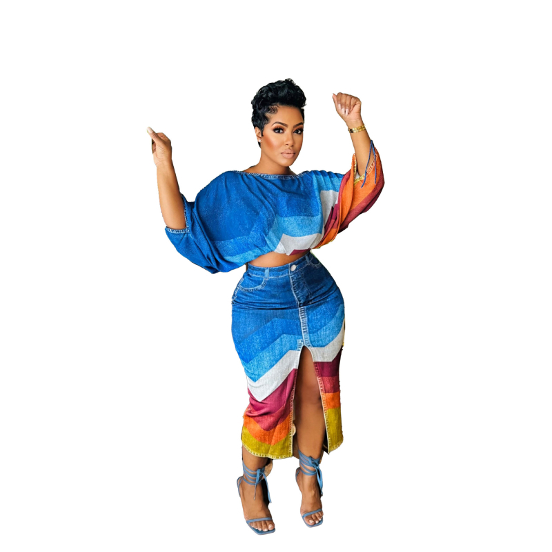 S10867 Dvodijelni komplet s europskim i američkim ovratnikom, printom, gornjim dijelom i suknjom s razdvojenim rukavima i šišmišem